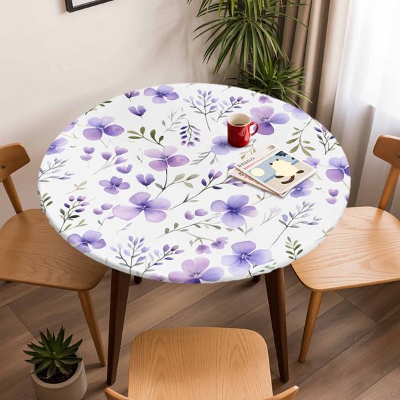 Fitted Tablecloth for Round Table,Spring Purple Blooming Flower Table Cover with Elastic Edge Waterproof Table Cloth,Watercolor Seamless Floral Circle Table Covers for Kitchen Indoor Outdoor Picnic