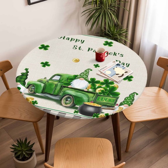 Fitted Tablecloth for Round Table,St. Patrick's Day Farm Truck Clovers Gnome Table Cover with Elastic Edge Waterproof Table Cloth,Retro Burlap Buffalo Check Circle Table Covers for Indoor Outdoor