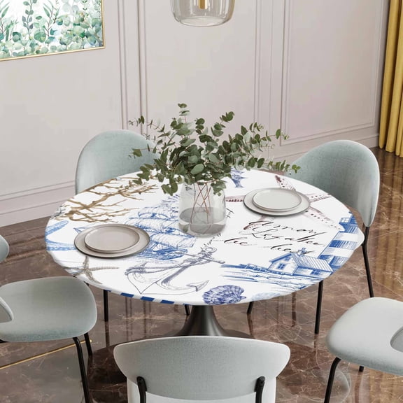 Fitted Tablecloth for Round Table,Starfish Nautical Anchor Shell Boat Table Cover with Elastic Edge Waterproof Table Cloth,Lighthouse Vintage Blue Stripe Circle Table Covers for Indoor Outdoor