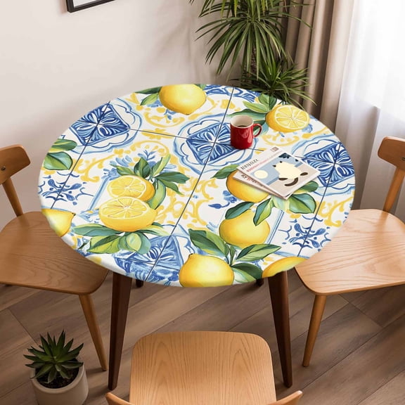 Fitted Tablecloth for Round Table,Summer Farmhouse Lemon Fruit Leaf Table Cover with Elastic Edge Waterproof Table Cloth,Retro Blue Yellow Painting Circle Table Covers for Kitchen Indoor Outdoor