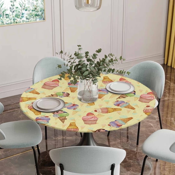 Fitted Tablecloth for Round Table, Summer Ice-cream Seamless Cake Table Cover with Elastic Edge Waterproof Table Cloth, Cherries Sweet Dessert Circle Table Covers for Kitchen Indoor Outdoor Picnic