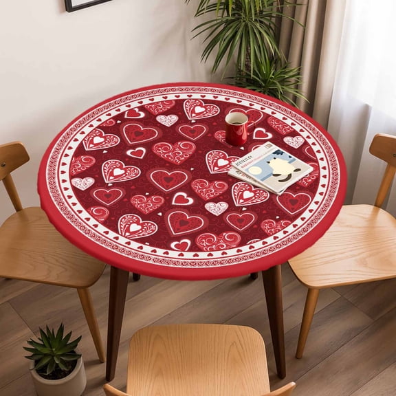Fitted Tablecloth for Round Table, Valentine's Day Romantic Love Heart Table Cover with Elastic Edge Waterproof Table Cloth, Ornate Red Maroon Circle Table Covers for Kitchen Indoor Outdoor Picnic