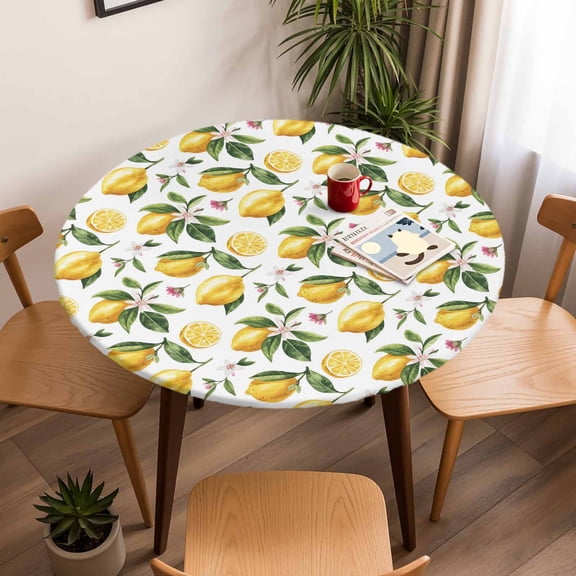 Fitted Tablecloth for Round Table, Watercolor Lemon Leaves Flower Table Cover with Elastic Edge Waterproof Table Cloth, Farm Fruit Harvest Circle Table Covers for Kitchen Indoor Outdoor Picnic Party