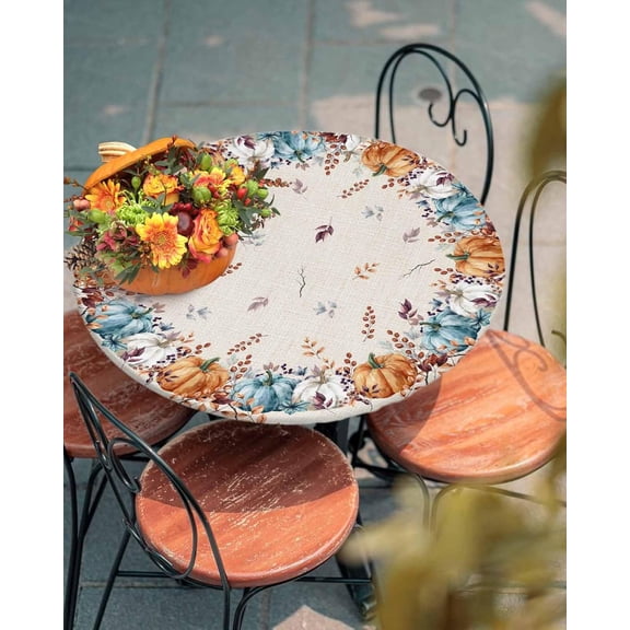 Fitted Tablecloth for Round, Thanksgiving Fall Leaves Autumn Pumpkin Table Cover with Elastic Edge Waterproof Table Cloth, Beige Linen Circle Covers for Kitchen Indoor Outdoor Picnic Party