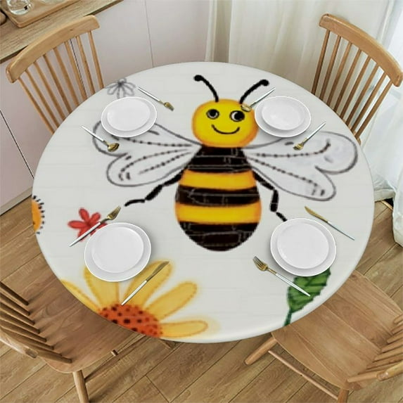 Fitted Tablecloth, Spring Animal Decor Print Polyester Table Cloth, Flying Bees Flowers