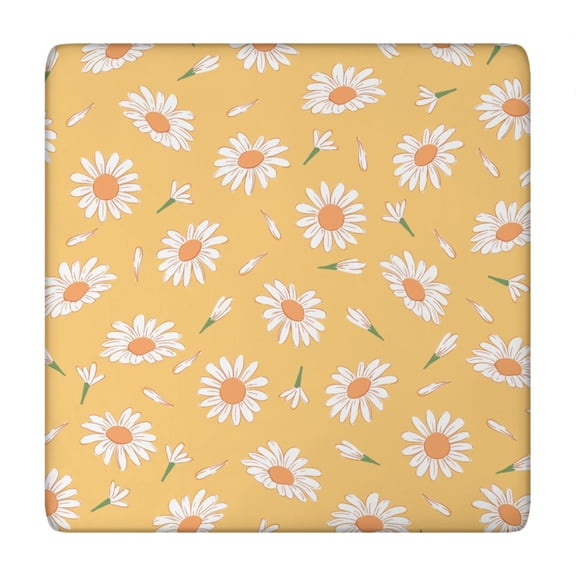 Fitted Tablecloth Square Waterproof Vinyl with Daisy Floral Pattern, Boho Chic Design, Backing for Indoor Outdoor Table Use
