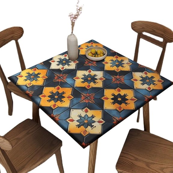 Fitted Tablecloths, Moroccan Tile Zellij Artistry Pattern Printed on Stain Resistant Elastic Table Cover Square, Use for Kitchen Patio Restaurant, Fit for 36" x 36" Square Tables