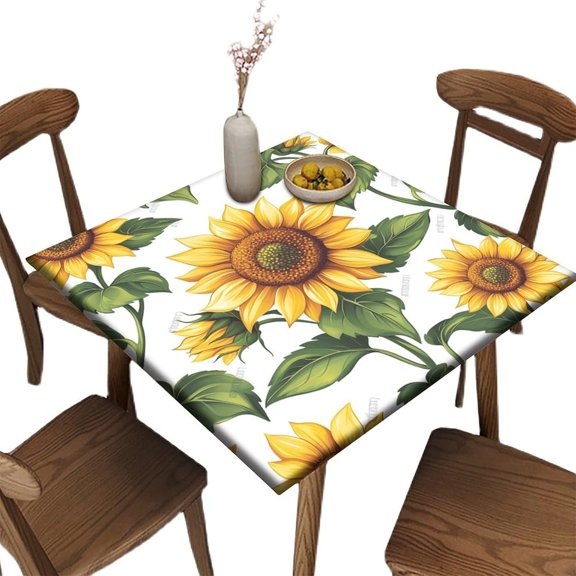 Fitted Tablecloths Square, Sunflower Pattern Printed on Washable Stretchy Table Cover, for Coffee Craft or Buffet Setups, Fit for 36" x 36" Square Tables