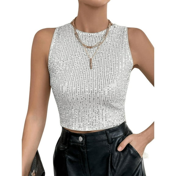 Fitted Tank Tops for Woman's Sparkly Sequin Crop Tank Top Sleveless Going Out Tops Tank Tops Silver
