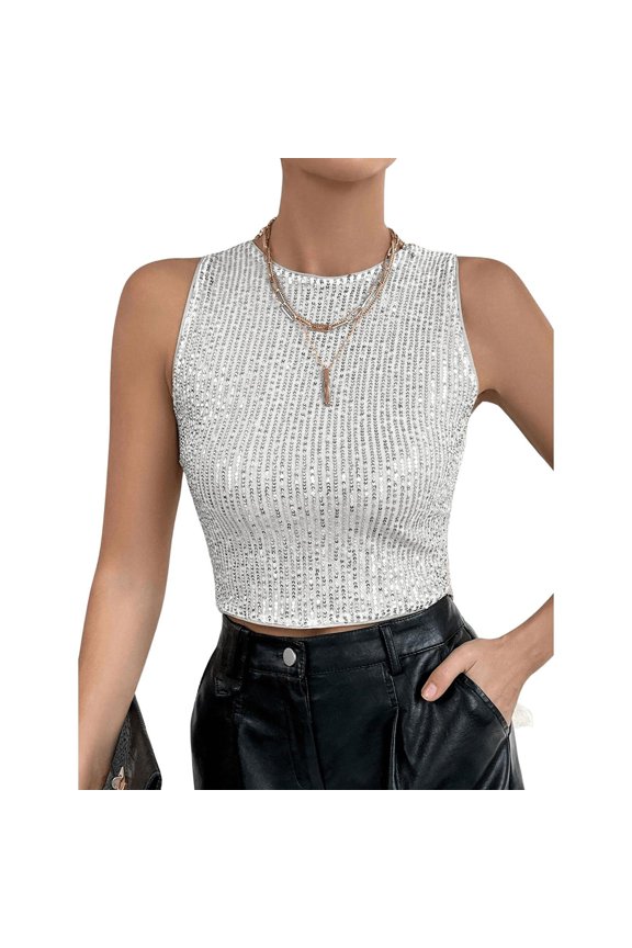 Fitted Tank Tops for Woman's Sparkly Sequin Crop Tank Top Sleveless Going Out Tops Tank Tops Silver