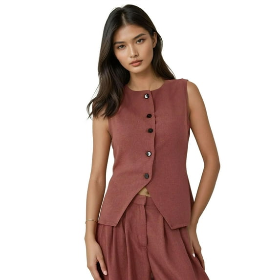 Fitted Textured Crew Neck Waistcoat with Buttons