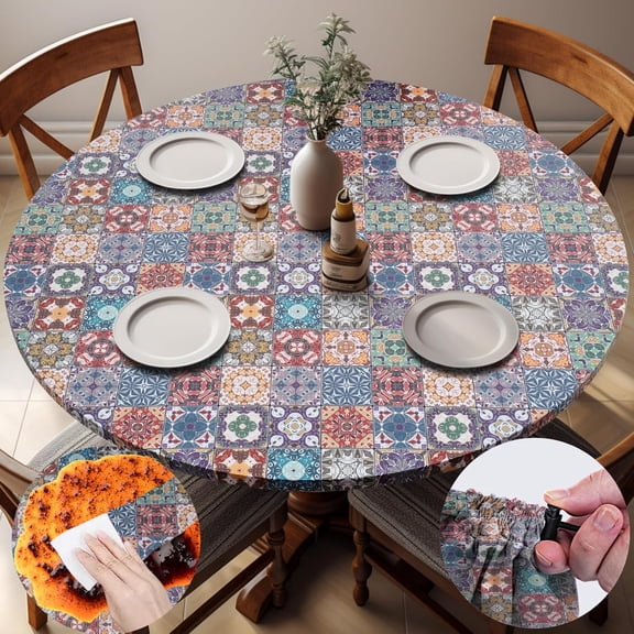 Fitted Vintage Round Tablecloth for 36-44" Tables Earthy Stain Resistant Vinyl Mantel Para Mesa Redonda Apartment Kitchen Organizers Camping Picnic List Women Men Cool Practical Gift Ideas