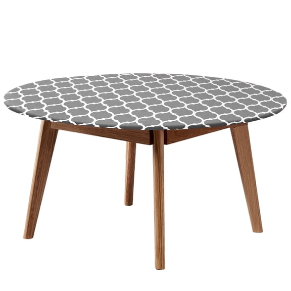 43-56 Inch Fitted Round PVC Table Cover, Elastic Edge Waterproof Wipeable Grey Moroccan Vinyl Tablecloth for Kitchen Terrace Craft Table Indoor Outdoor Use