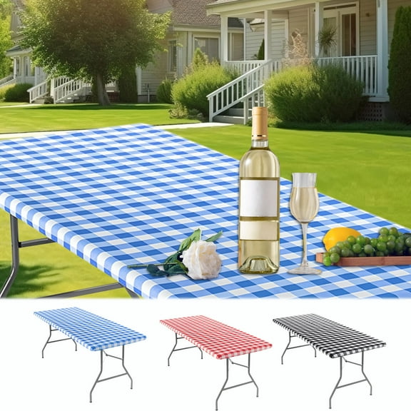 Fitted Vinyl Tablecloth 30x72 in | Windproof Elastic Edge, Non-Slip Flannel Back | Waterproof, Wipe Clean | Classic Checkered Pattern, Durable, Reusable | For Camping, Picnic, Parties, 6 Ft Table