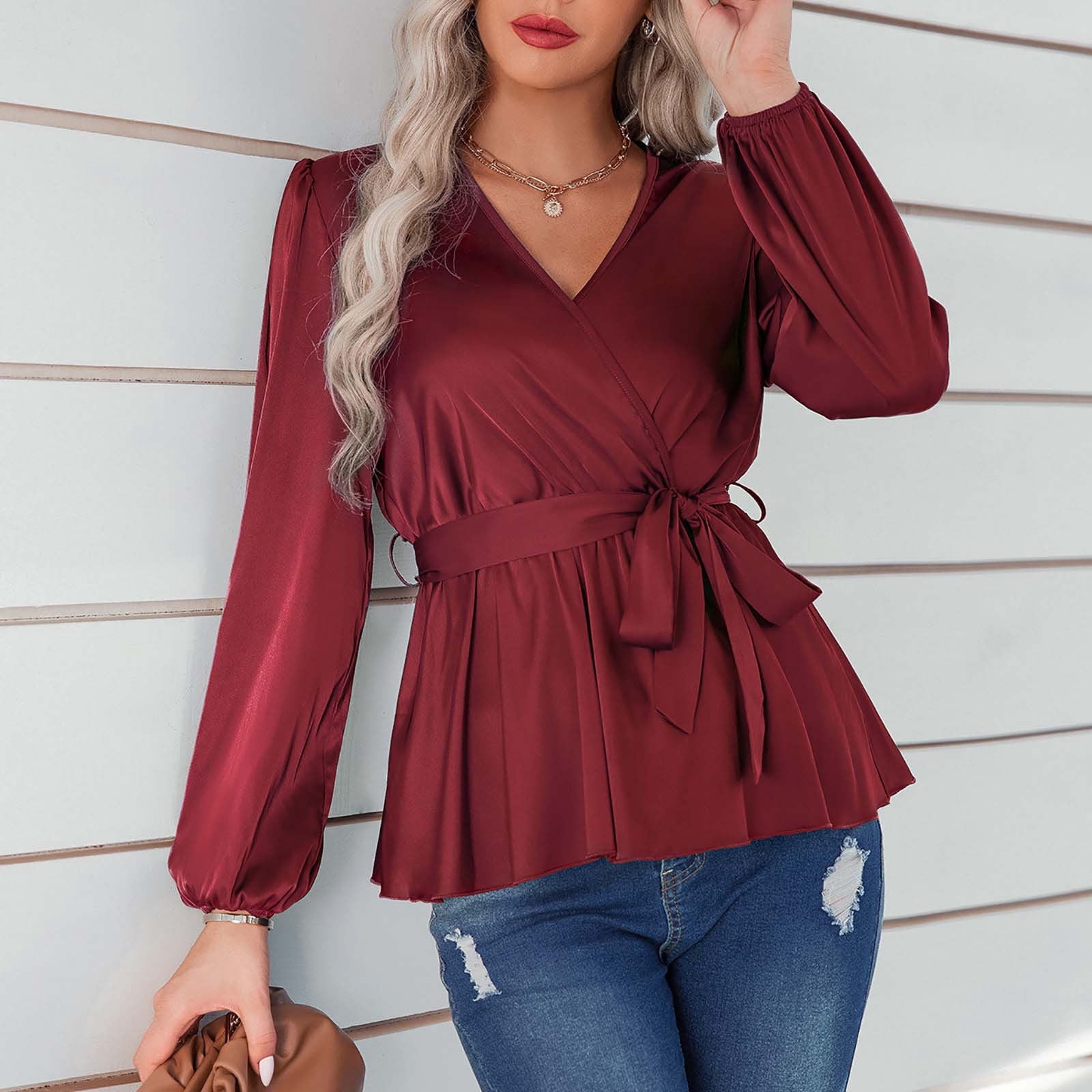 Fitted Wrap Womens Fall Tops Fashion Belted Ruched Hem Long Sleeve V Neck Shirt Casual Solid Color Silk Soft Blouses