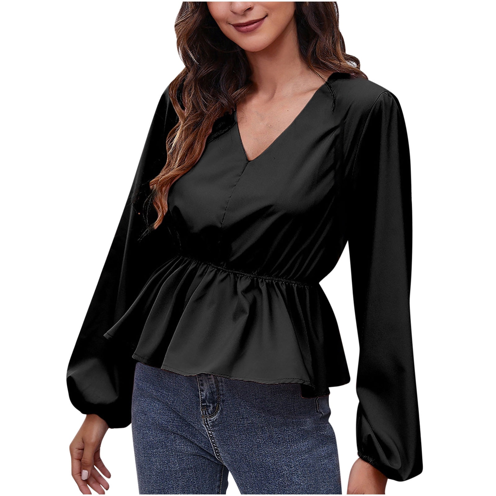 Fitted Wrap Womens Fall Tops Fashion Belted Ruched Hem Long Sleeve