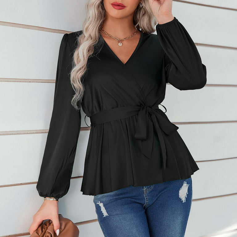 Fitted Wrap Womens Fall Tops Fashion Belted Ruched Hem Long Sleeve V Neck  Shirt Casual Solid Color Silk Soft Blouses 