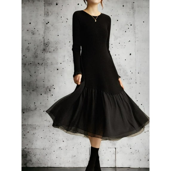 Fitting Wool Polo Collared Midi Skirt Mid-Rise Dress, Black, X-Large