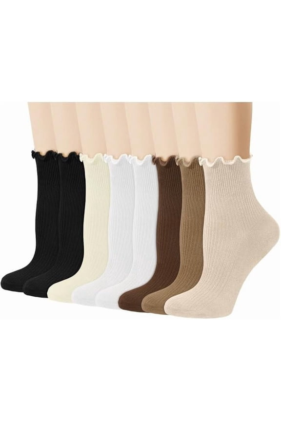 8 Pairs Women's Ruffle Ankle Socks - Cute Turn-Cuff Frilly Breathable Knit Cotton Casual Crew for Mary Jane Shoes