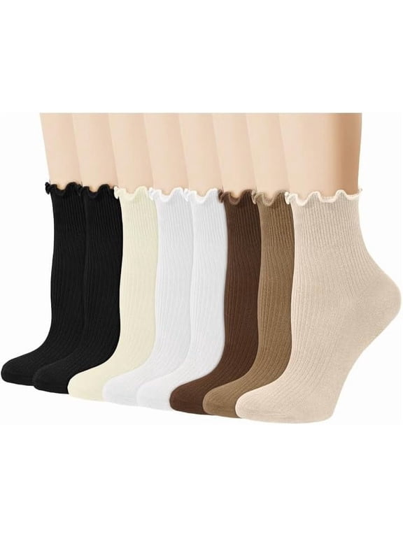 8 Pairs Women's Ruffle Ankle Socks - Cute Turn-Cuff Frilly Breathable Knit Cotton Casual Crew for Mary Jane Shoes
