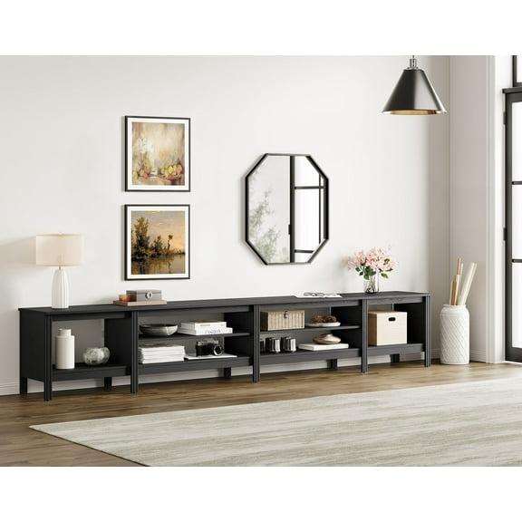 Fitueyes 118" Mid-Century Modern TV Stand for 85-100" TVs, Home Entertainment Center with Open Shelves for Living Room, black