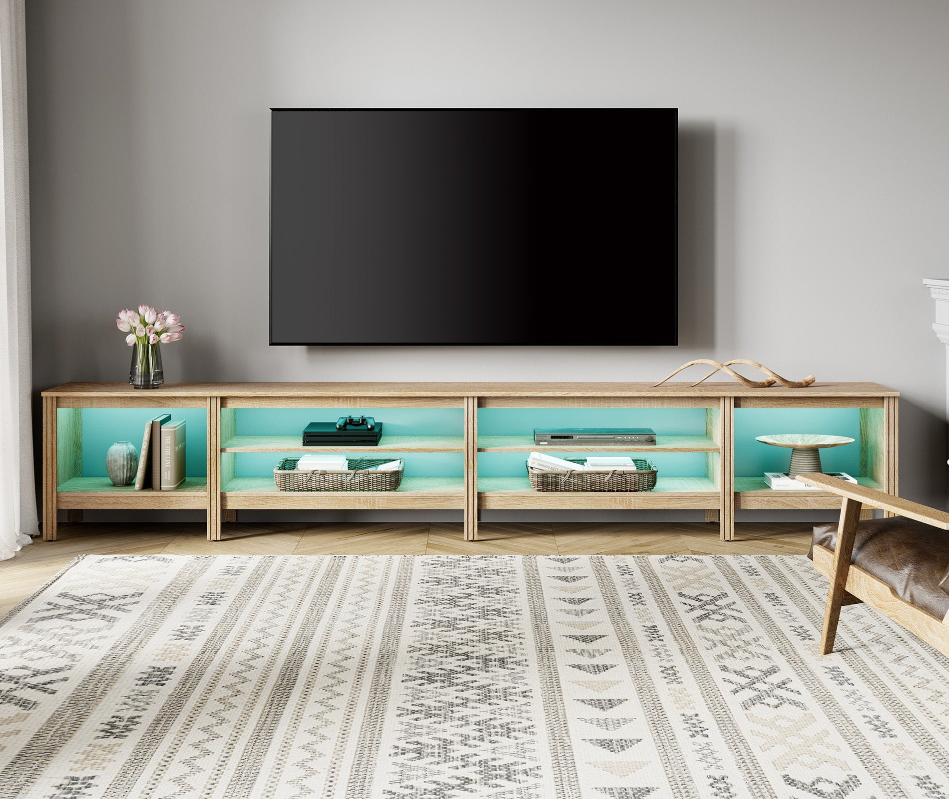 Fitueyes 118" Wood TV Stand for 85-100" TVs, Media Console Table with Open Shelves & 16 Colors LED Light for Living Room Bedroom, Oak
