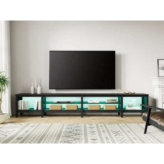 Fitueyes 118" Wood TV Stand for 85-100" TVs, Media Console Table with Open Shelves & 16 Colors LED Light for Living Room Bedroom, black