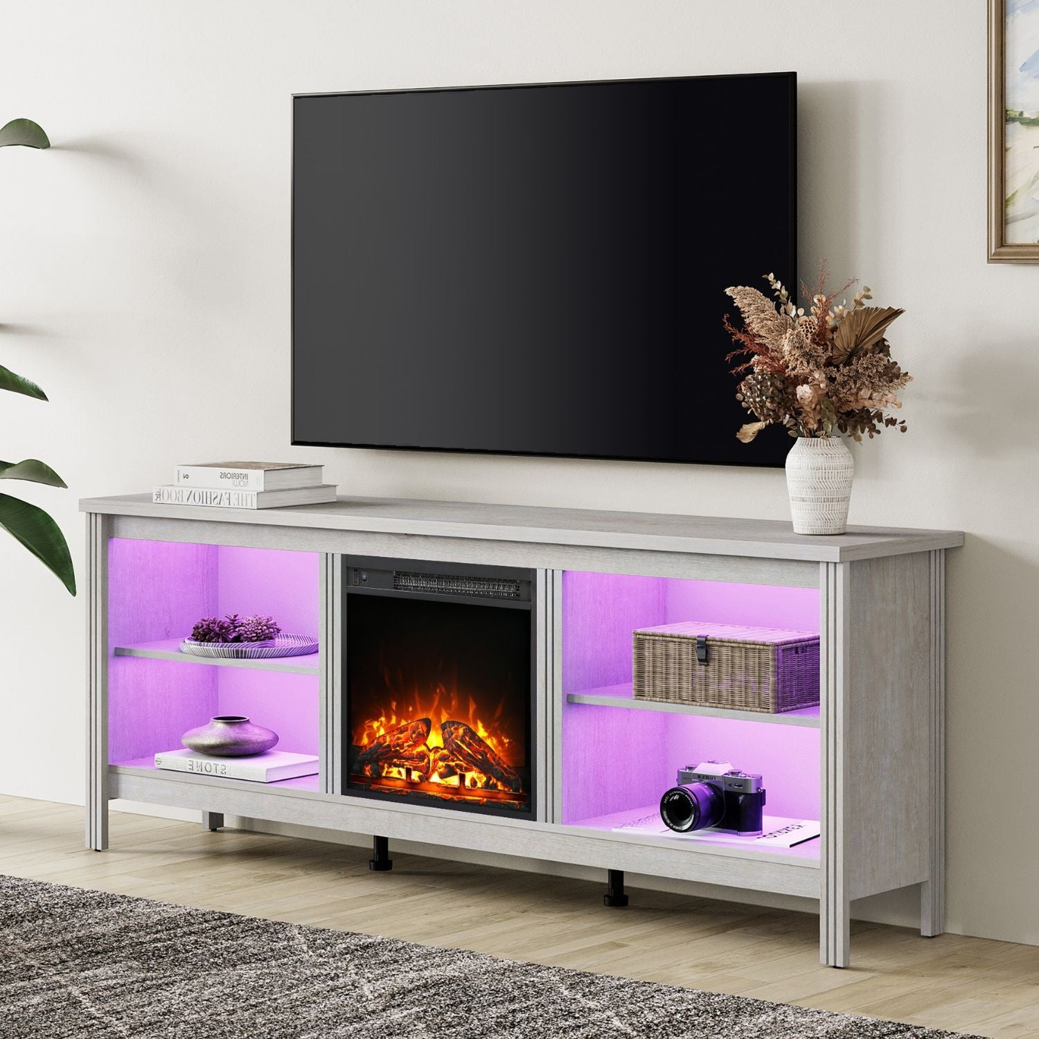 Fitueyes 70" Fireplace TV Stand for 55 65 75 Inch TV, Farmhouse Entertainment Center with Electric Fireplace & 16 Colors LED Light for Living Room Bedroom, Gray White