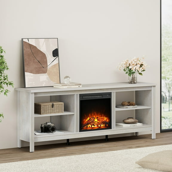 Fitueyes 70" Fireplace TV Stand for 75 Inch TV Entertainment Center, Farmhouse Electric Fire Place TV Console Table with 4 Compartments for Living Room Bedroom, Off White
