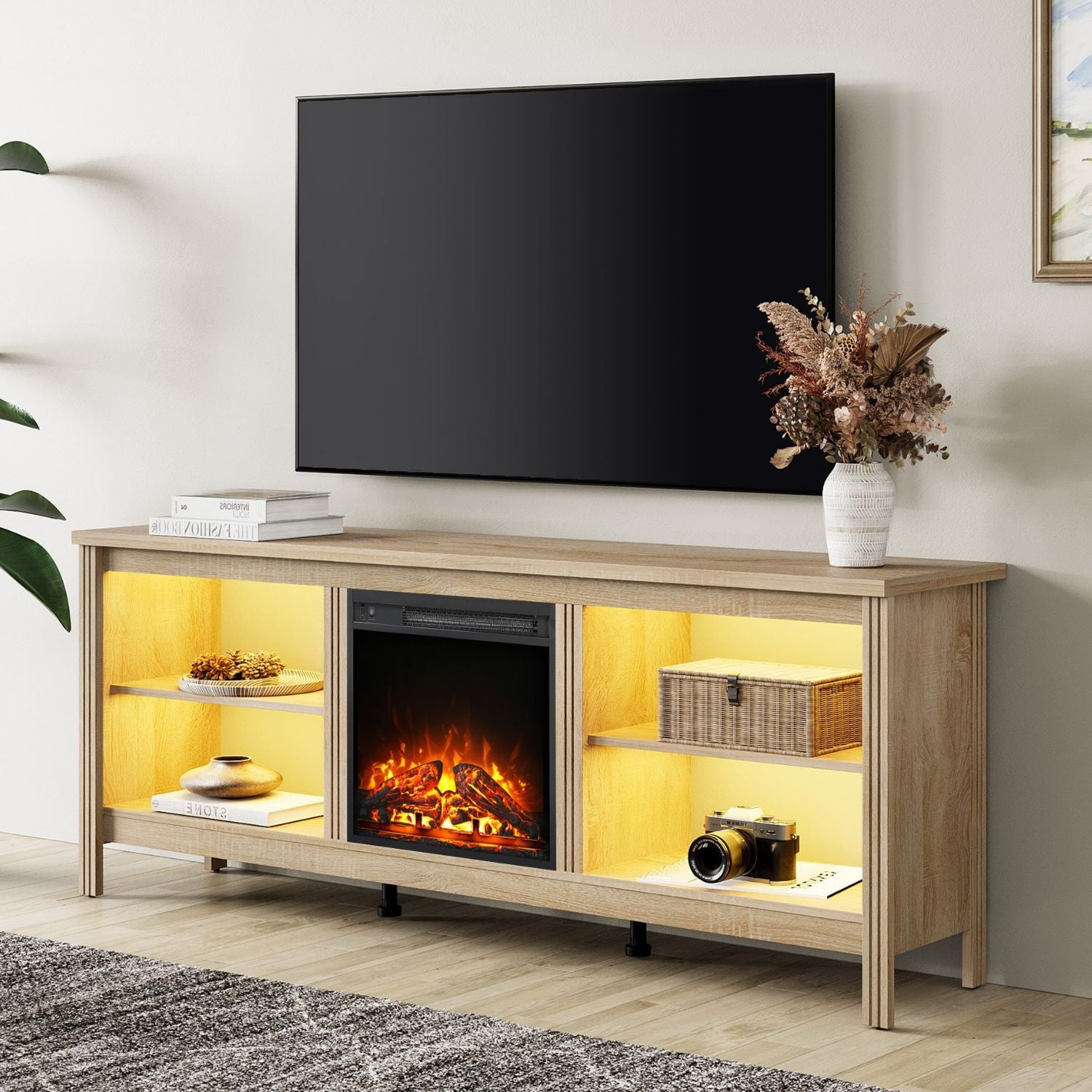 Fitueyes 70" Fireplace TV Stand for 75 Inch TV, Wood Entertainment Center with Electric Fireplace & Yellow LED Light for Living Room Bedroom, Oak