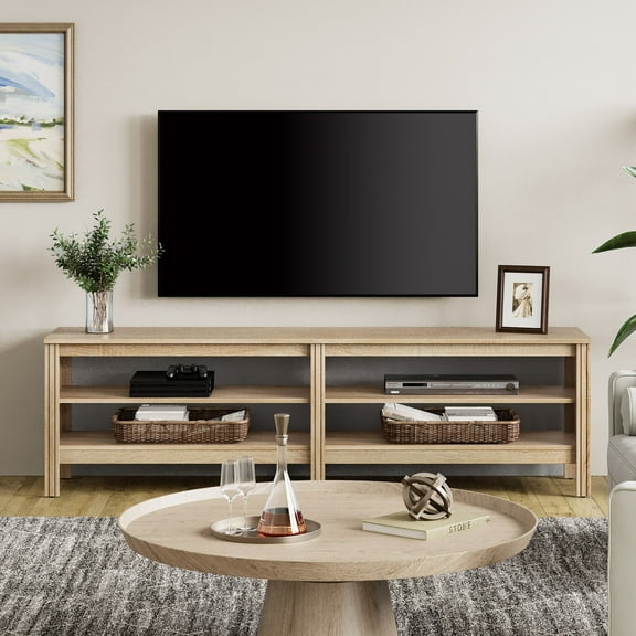 Fitueyes 70" TV Stands for TVs Up to 75 Inch, Media Console with Open Shelves for Living Room, Oak