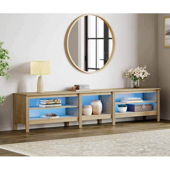 Fitueyes 94" Mid-Century Modern TV Stand for 85-100" TVs, Home Entertainment Center with Open Shelves & LED Light for Living Room, Oak