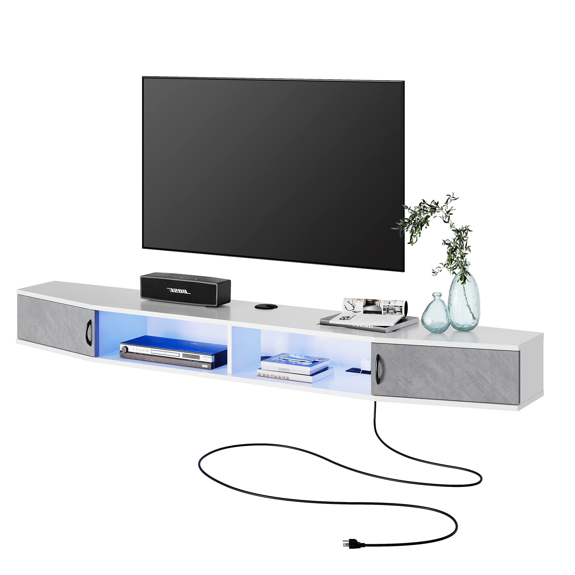 Fitueyes Blue Light Floating TV Stand Shelf, Wall Mounted Shelf With Storage Cabinet,Entertainment Center for 85 Inch TV