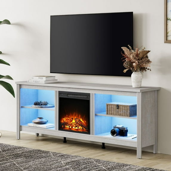 Fitueyes Fireplace TV Stand for TVs up to 75", Farmhouse TV Stand with 18'' Electric Fireplace & 4 Cubby, LED Lights Entertainment Center, Gray White