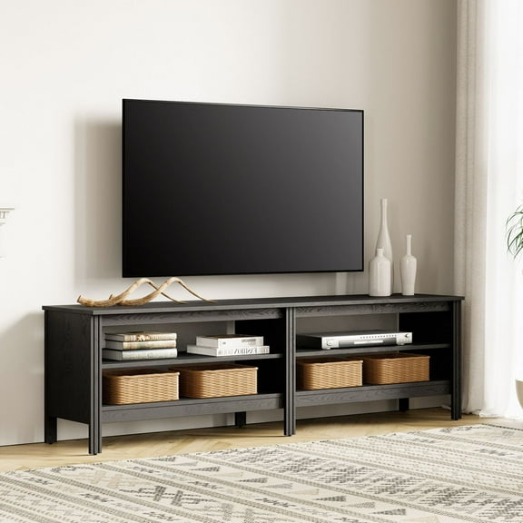 Fitueyes Mid-century Modern TV Stand for 75" TV, black Media Console with Open Shelves for Living Room, 70 Inch