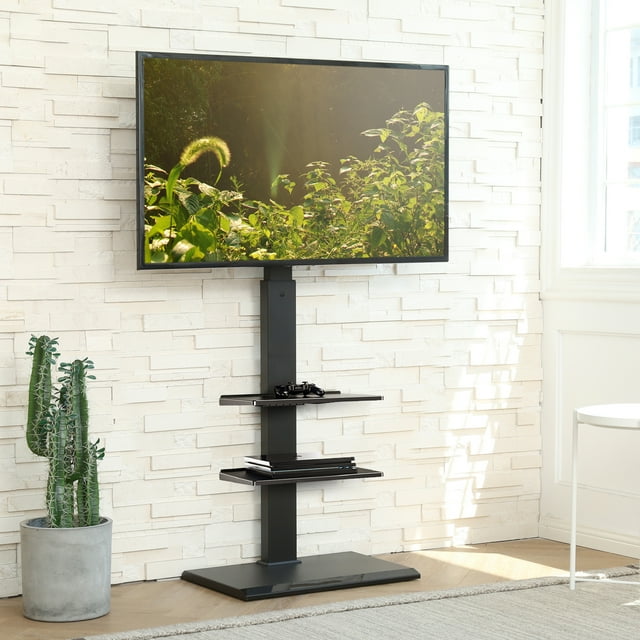 Fitueyes Modern Floor TV Stand Black with Swivel Mount, Height