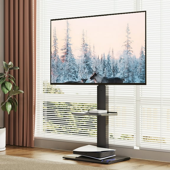 Fitueyes Modern Floor TV Stand Black with Swivel Mount , Height Adjustment with Shelf, up to 65 inch LED LCD Flat Screen TVs
