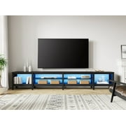 Fitueyes Modern TV Stand for 100 inch TVs, Wood TV Console Table for 80/85/90 inch TV with 6 Storages & LED Light for Living Room Bedroom, black