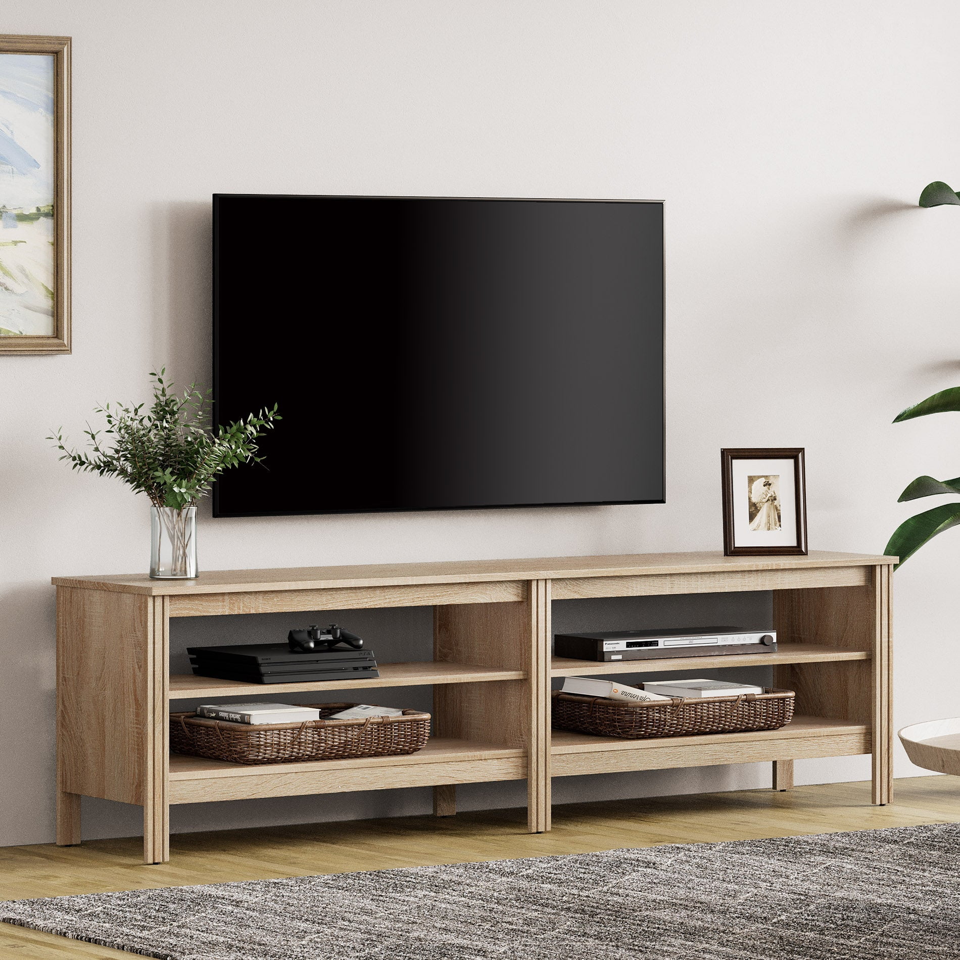 Fitueyes Oak TV Stand for 75 Inch TV Entertainment Center, Wood TV Table with 2 Open Shelves for Living Room, 70 inch