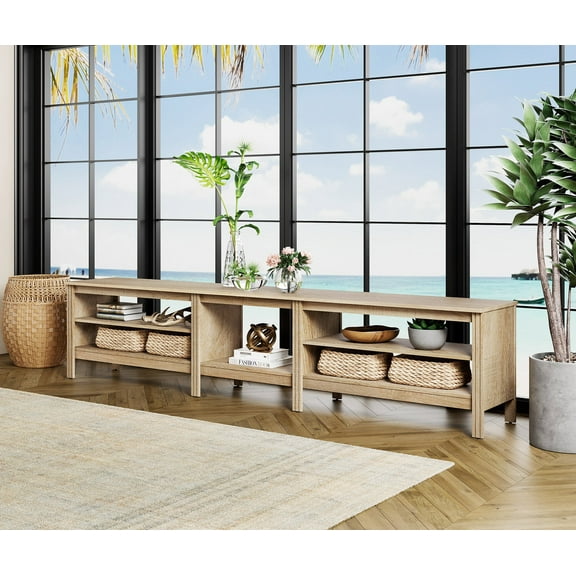 Fitueyes Oak TV Stand for 90 100 Inch TV Entertainment Center, Wood TV Table with Open Shelves for Living Room, 94 inch