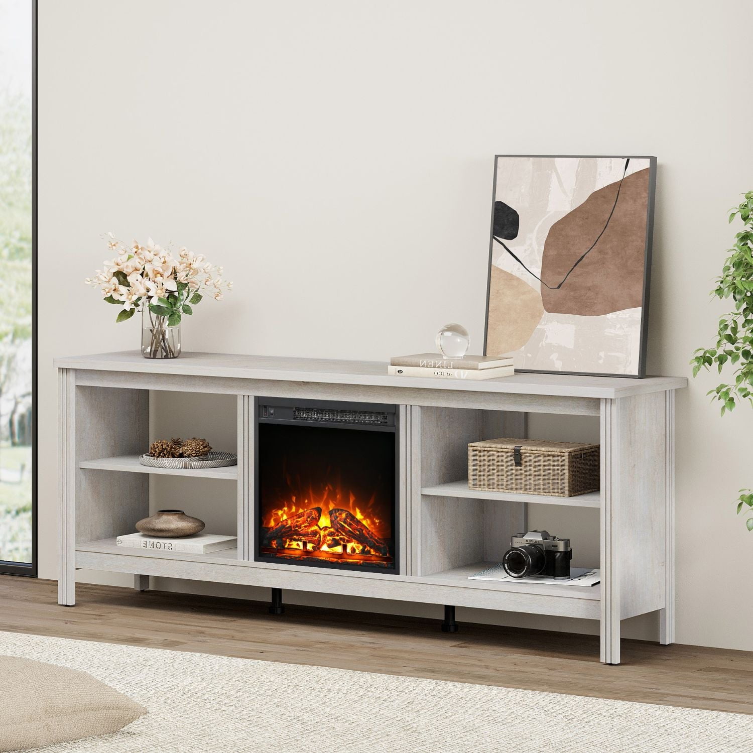 Fitueyes TV Stand for 65+ inch TV Entertainment Center, Fireplace TV Console Table for 55/65/75 inch TV with 4 Storages for Living Room Bedroom, Gray White