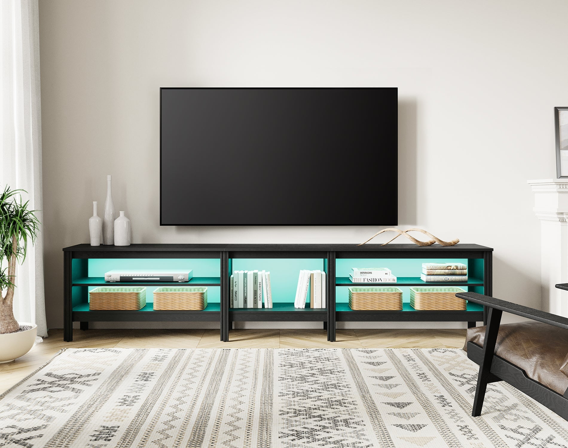 Fitueyes black TV Stand for 90 100 Inch TV Entertainment Center, Wood TV Table with Open Shelves & 16 Colors LED Light for Living Room, 94 inch