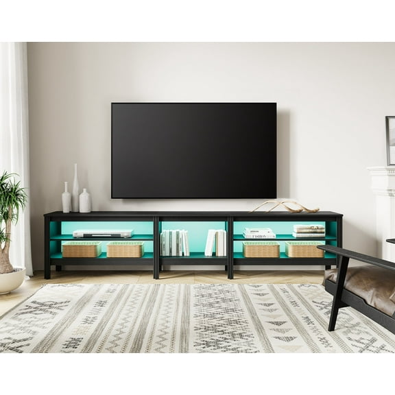 Fitueyes black TV Stand for 90 100 Inch TV Entertainment Center, Wood TV Table with Open Shelves & 16 Colors LED Light for Living Room, 94 inch