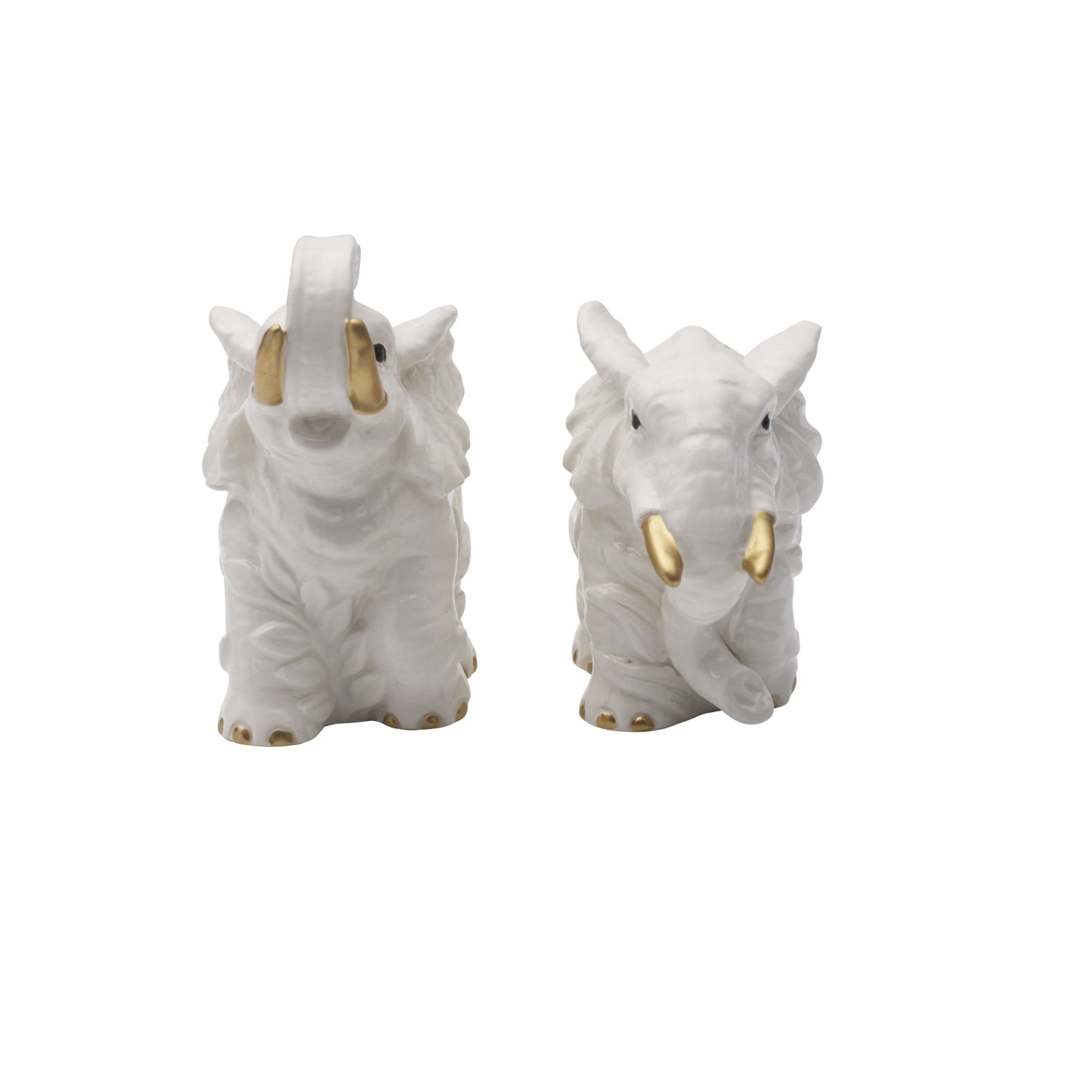 White Ceramic Elephant Salt and Pepper Shaker Set with Gold Accents
