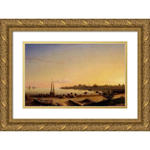 Fitz Henry Lane 14x10 Gold Ornate Wood Frame and Double Matted Museum Art Print Titled - Stage Fort Across Gloucester Harbor (1862)