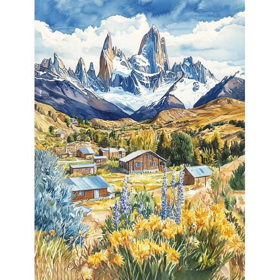 Fitz Roy Mountain Cabin Landscape Canvas Print/Wall Art， Perfect for Living Room， Bedroom， Office， Dining Room， and Hotel Decoration