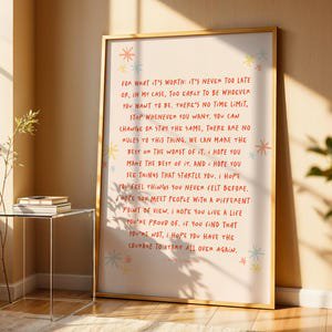 Fitzgerald Never Too Late Quote Poster, 8x12 UNFRAMED