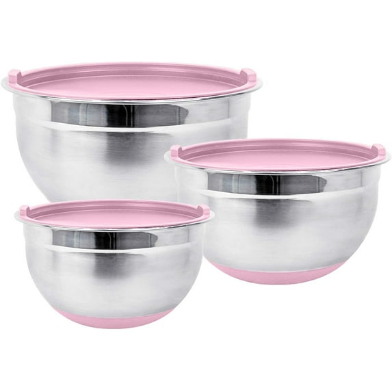 Fitzroy and Fox Stainless Steel Mixing Bowls with Pink Lids and Non-Slip Bottom, Set of 5