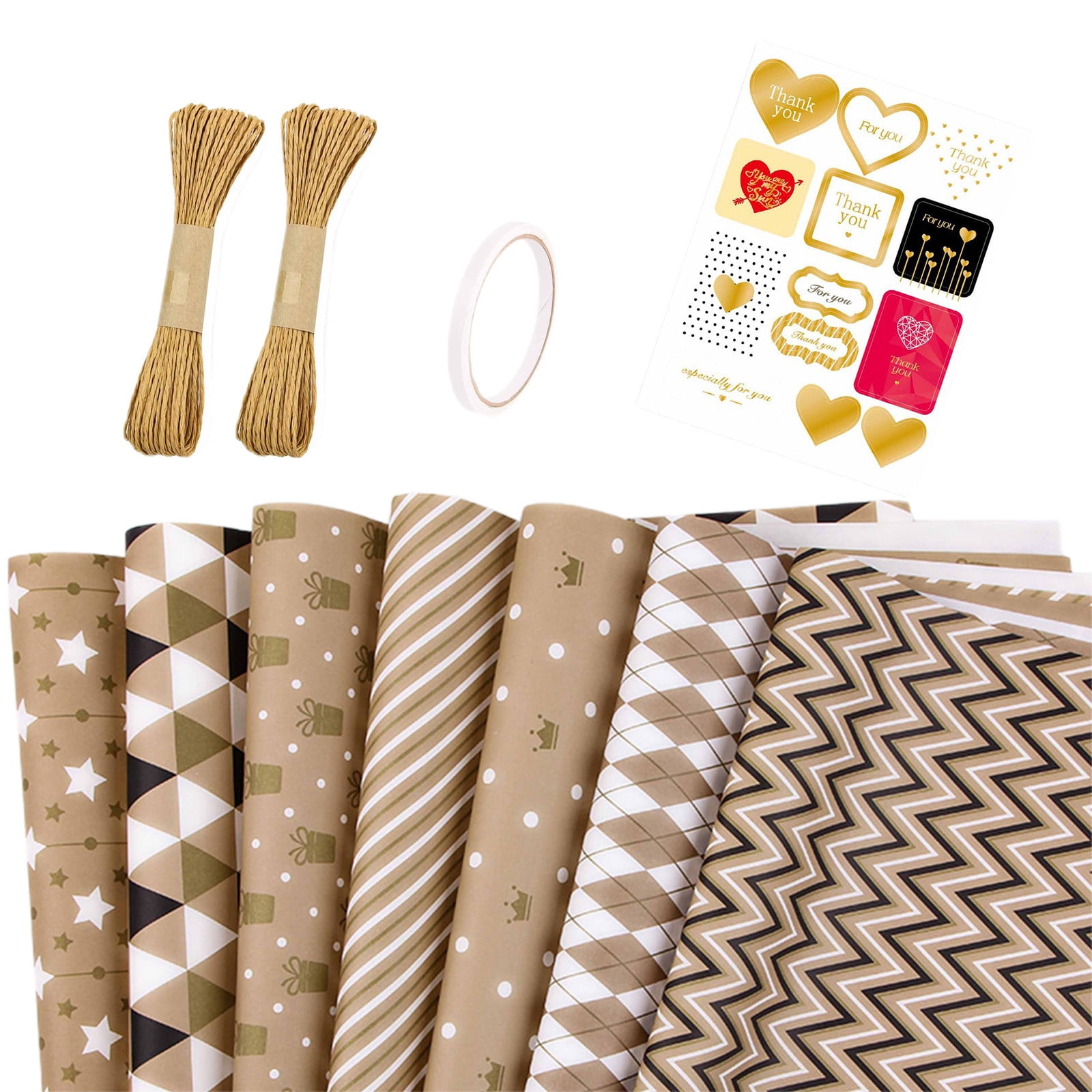Fiudx Christmas Gift Wrapping Paper Set, 19X27 Inches Christmas Holiday Gift Wrap Kit, Set with 7 Sheets, 2 Ropes, 1 Double-Sided Tape,1 Sticker, Winter Savings Clearance