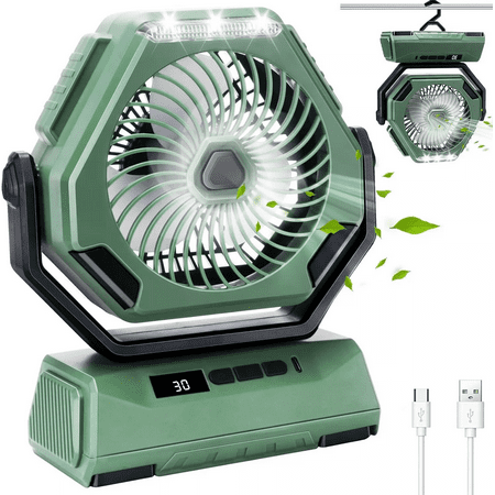 Fiuion 10400mAh Camping Fan with LED Lantern 3 Speed Rechargeable Tent Fan 270° Rotation Green